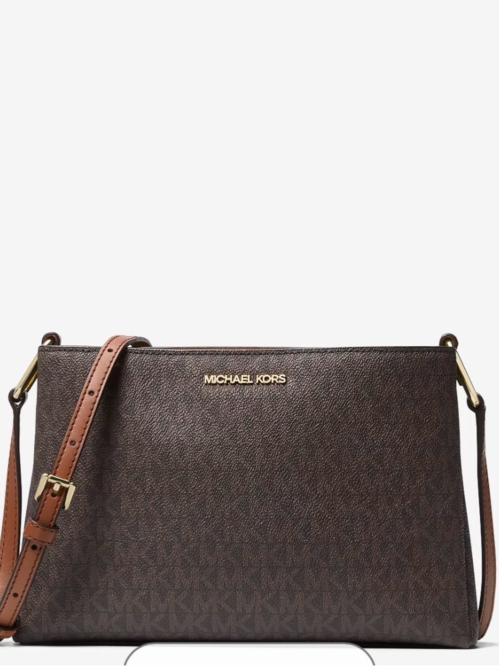 Michael Kors Trisha Dark Brown Logo Crossbody with Gold Hardware